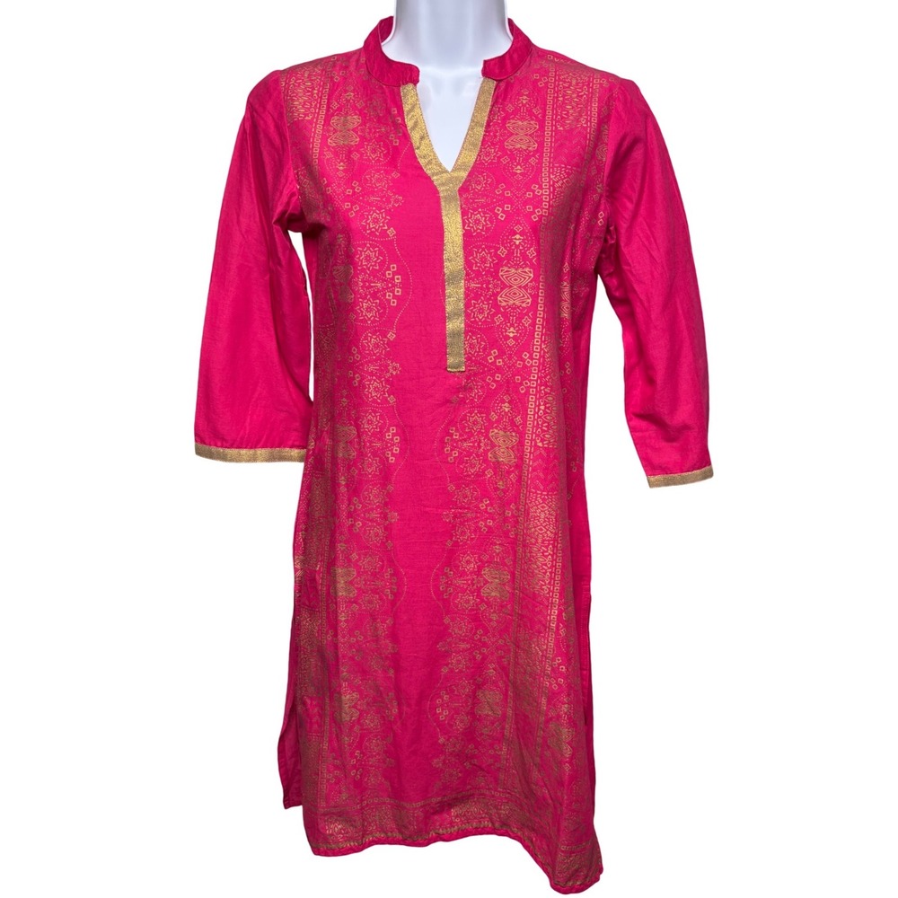 RANGMANCH Womens Pink Gold Foil Print Kurti Tunic Sz S Bollywood Indian Fashion